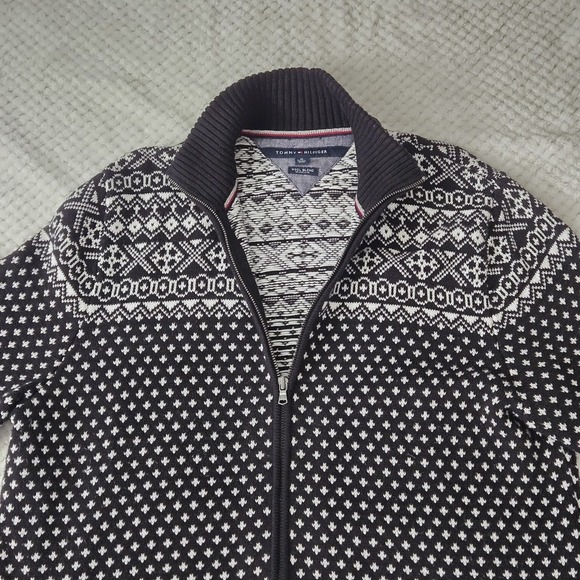 Tommy Hilfiger Men's Sweater Sz XL Zip Up Black White Graphic Print Wool Blend - Picture 4 of 16